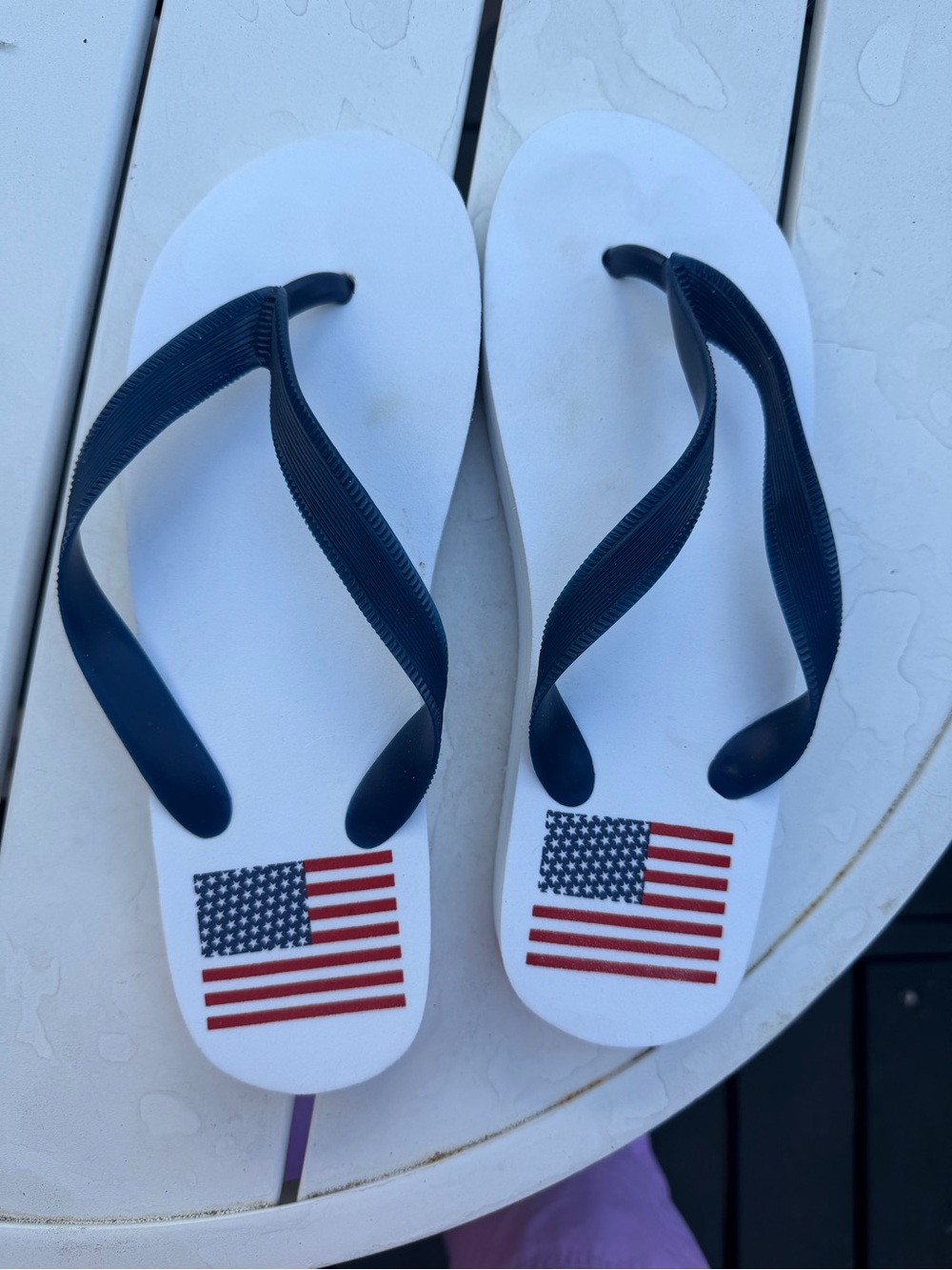 White Flip-Flop Sandals with Navy Straps and Flag size 7/8